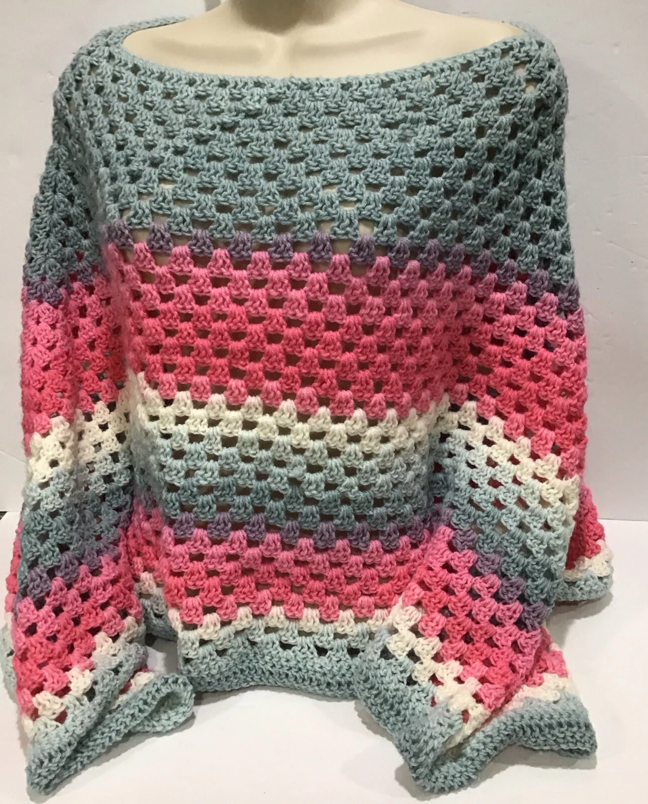 Handmade Knit Crochet Pastel MultiColors Poncho Shawl One Size