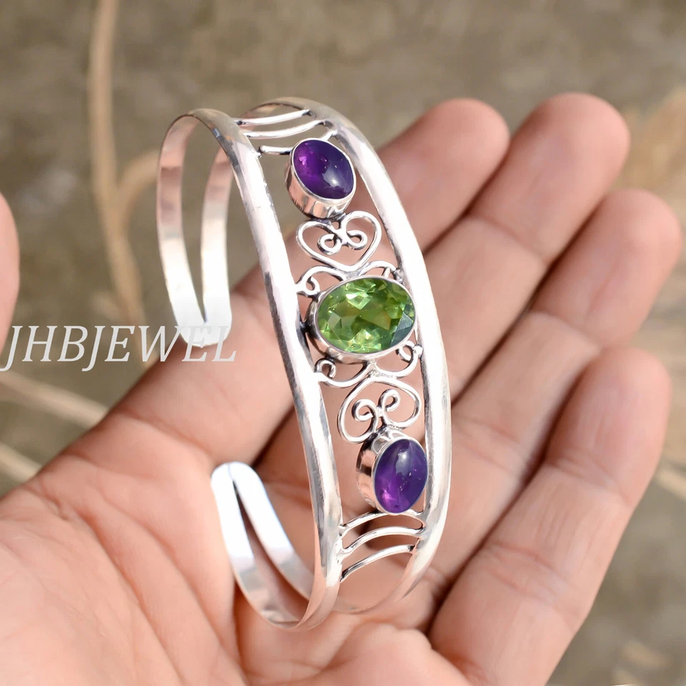Faceted Peridot & Amethyst Gemstone 925 Sterling Silver Bangle Cuff For Function - Image 3 of 4