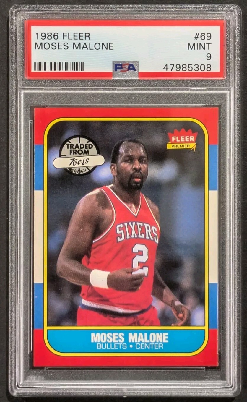 1986 Fleer Moses Malone PSA 9 MINT #69 Bullets 76ers ~~5308