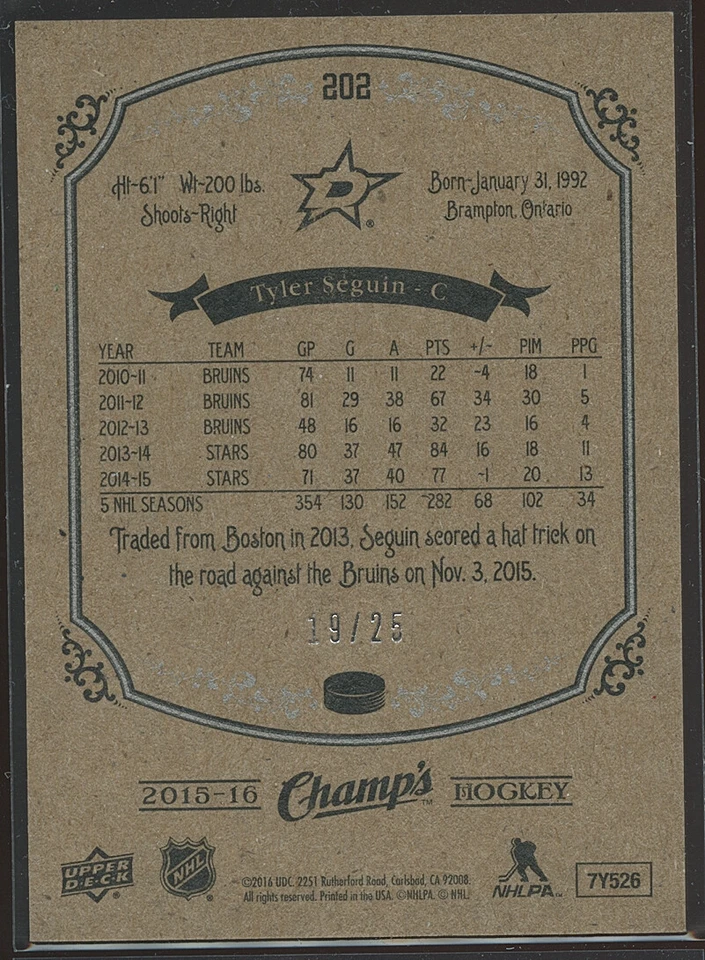 Tyler Seguin 2015-16 Upper Deck Champ's Silver 19/25 - Image 2 of 2