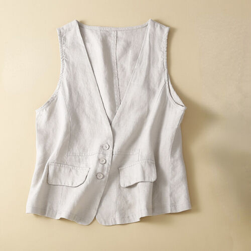 Women Vest Waistcoat Tank Top V-neck Sleeveless Casual Cotton Linen Summer - Picture 6 of 20