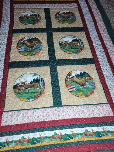 Handmade Patch Green Floral Design Throw Vtg Buck Deer Quilt Bed Hunting Blanket - Picture 5 of 14