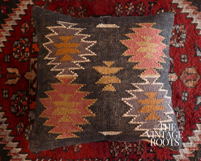 Luxurious Kilim Cushion Cover Vintage Black Handmade 18'' Pillow Case Turkish