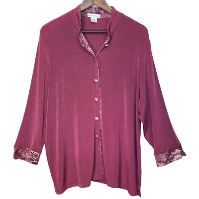 Drapers & Damon's Women Button Up Top Size 1X Purple Slinky Stretch Long Sleeve