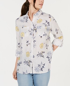 Charter Club Floral-Print Linen Utility Shirt, Lemon Spritz, XXL
