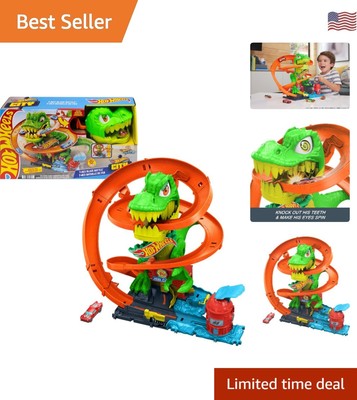 Ultimate T-Rex Battle Toy Track Set with 24 Pieces & Die-Cast Firetruck for Kids