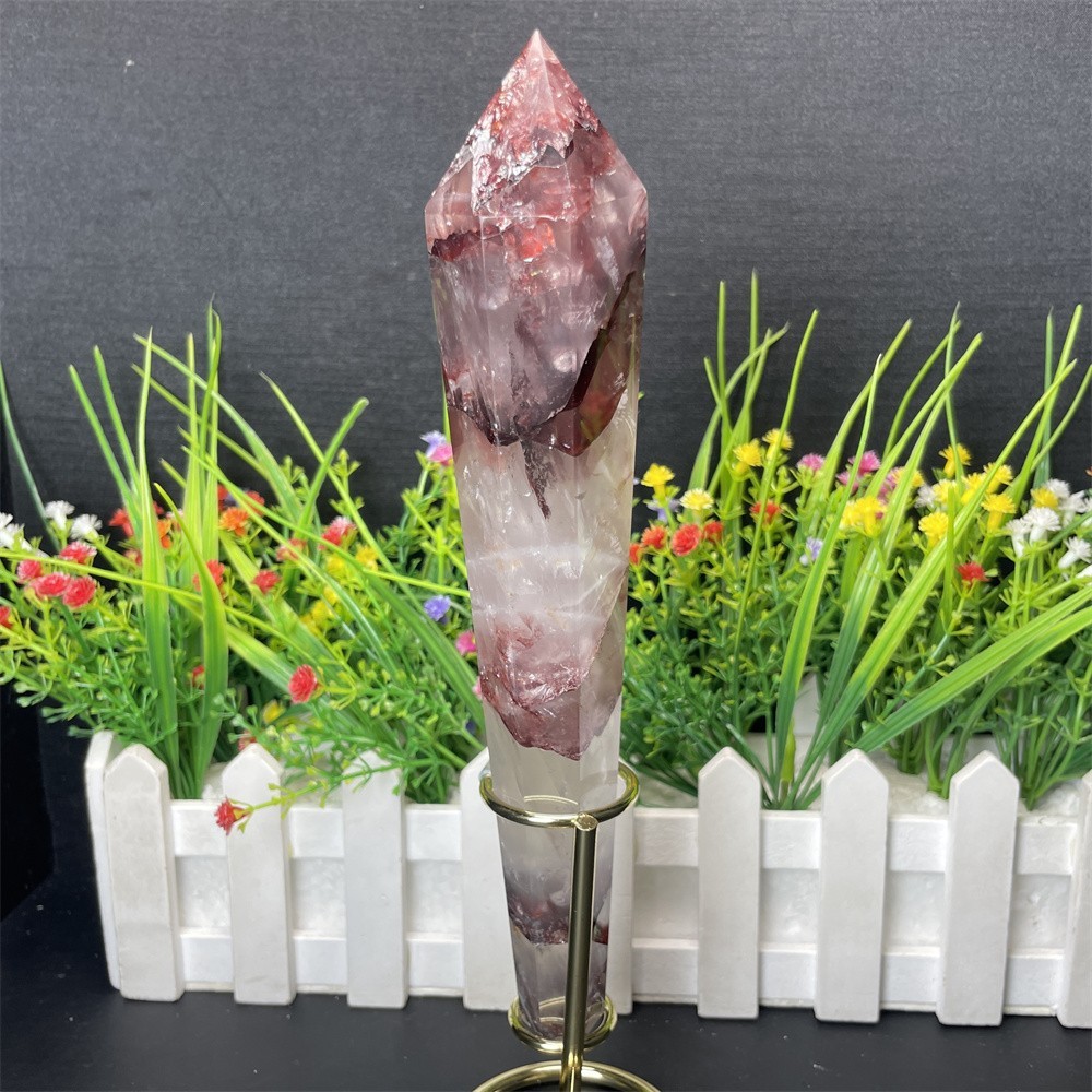 0.7LB 8.4" Natural Red Fire Scepter Obelisk  Point Quartz Crystal Energy Tower