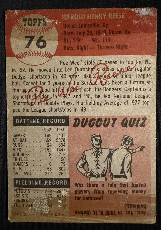 Pee Wee Reese 1953 Topps No76 Brooklyn Dodgers - Изображение 4 из 4