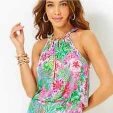 Lilly Pulitzer Halter Top Floral Print Gold Chain Neck Beach Resort M