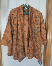 Orange Floral Open Front Embroidered Kimono Jacket Mid-Length One Size
