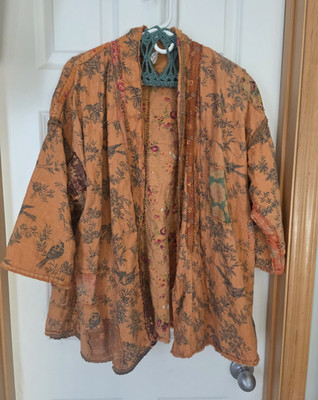Orange Floral Open Front Embroidered Kimono Jacket Mid-Length One Size