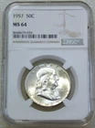 1957 P Franklin Half Dollar NGC MS64 90% FBL Frosty White New Holder #B326D