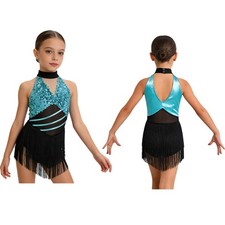 Girls Dress Shiny Costume Leotards Dancewear Strappy Waist Overlay Sequin Samba