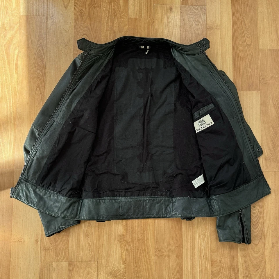 Chaqueta de Cuero de Piel de Cordero Verde Desteñida Juicy Couture Militar Moto S De Colección Rara Foto 3 de 4