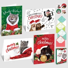 16 Pack 5x7in Cat Christmas Cards Boxed with Envelopes and Stickers, 4 Cute Desi