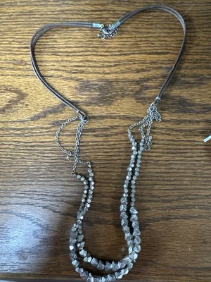 Vintage 18  Silver Beaded Two Layer Necklace With Leather Cord