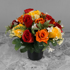 Artificial Grave Pot Flowers Autumn Red Rosebud Orange Open Roses & Yellow Roses