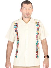Men's Mexican Embroidered Guayabera Shirt 100 Cotton Beige 603112
