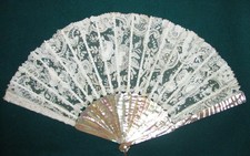 Antique Handmade Point De Gaze Lace Fan with Mother of Pearl Sticks Circa 1870