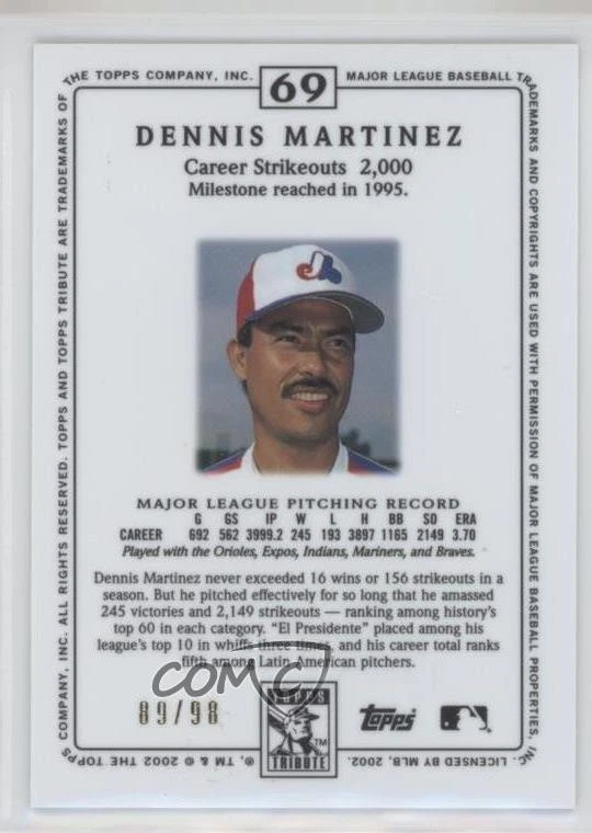 2002 Topps Tribute Lasting Impressions /98 Dennis Martinez #69 - Image 2 of 2