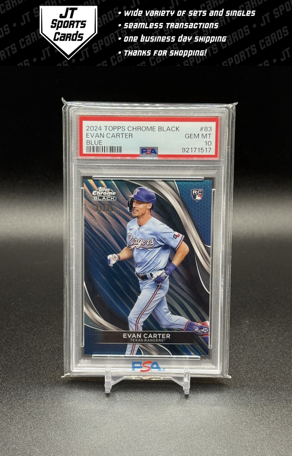 2024 Topps Chrome Black Evan Carter 83 RC Blue Refractor /75 PSA 10 Rangers