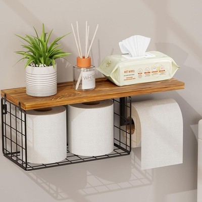 Toilet Paper Holder with Shelf, Wall Mounted Toilet Paper Storage Basket, Wood