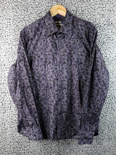 Joseph Abboud Men's Dress Shirt Non-Iron Size L Navy Blue Paisley, 100% Cotton