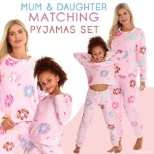 Ladies & Girls Matching Family Pyjamas Fleece PJ's for Mum & Daughter Donut Warm