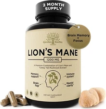 Premium Lions Mane w/ Turkey Tail Mushroom Extract  1200mg Two-Month Supply
