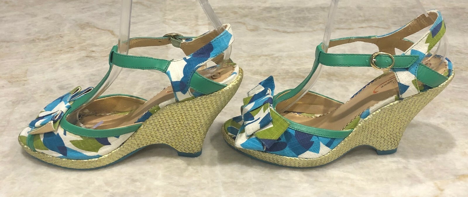 Poetic Licence London T Strap Bow Metallic Wedge Heels Sandals Shoe Size 39 US 8