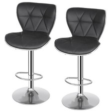 Set of 2 Diagonal Line Shell Back Adjustable Bar Stools PU Leather Padded Black