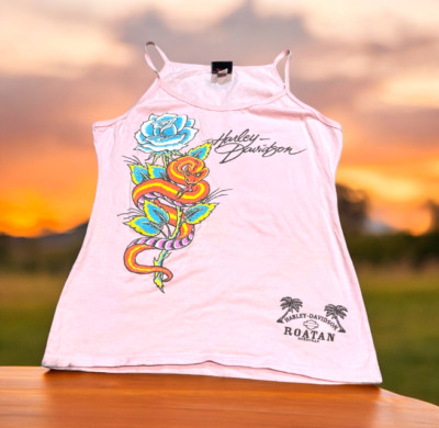Harley Davidson Roatan Pink Tank Top Womens Size L Pink Snake Rose Logo READ