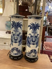 Vintage Pair Norman Perry Asian Blue and White Chinoiserie Lamps  30”