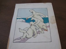 1939 Original Lithograph Print - 3 POLAR BEARS Sliding in the SNOW Bear