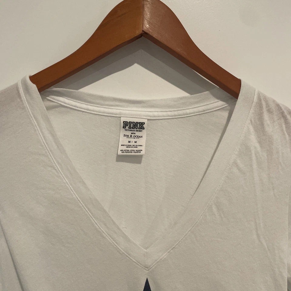 Pink  NY Yankees Ladies White Shirt Play Ball T-Shirt Size Medium Vneck - Image 3 of 4