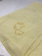 Vintage Yellow Baby Blanket With Embroidered Dog 37" x 34" Has Small Stain