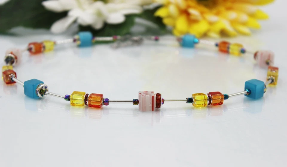 Würfelkette Perlen Halskette Millefiori Türkis Orange Gelb Strass Damen #M020 - Bild 2 von 4