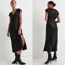 Madewell Wide V-Neck Midi Dress True Black Satin Size 00 NO107 Party Minimalist