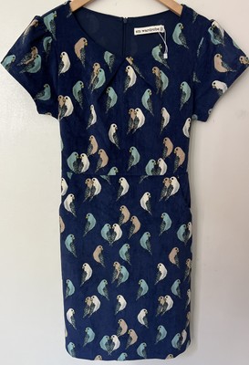 SM Wardrobe Parrot Parakeet Bird Blue Corduroy Dress M Pocket Lined Tie NWOT