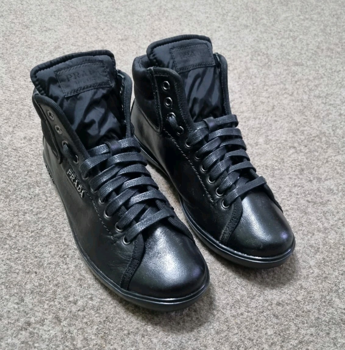 ​PRADA Milano Women Shoes Black Re-Nylon Polished Leather High Top Sneakers Sz 8