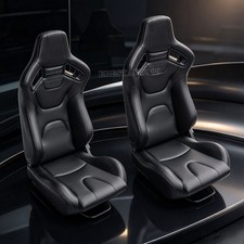 Pair Universal Bucket Racing Seats Black Stitch Black Pvc Leather Reclinable Pair Universal Bucket Racing Seats Black Stitch Black Pvc Leather Reclinable
