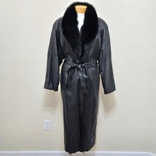 Vtg Greg Bell Women Leather Trench Coat Long Sz M Fox Fur Collar Black Insulated