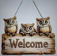 RETRO OWLS WELCOME WOOD (Ply) SIGN DECOR New Funky(flat) HANG 20x14.5cm