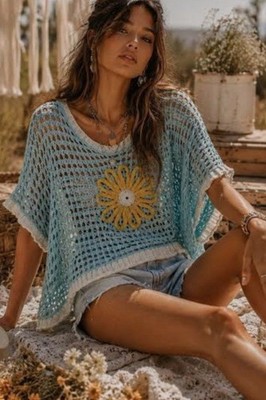 POL Blue White Daisy Crochet Open Knit CropTop Short Sleeve L Cottagecore Boho