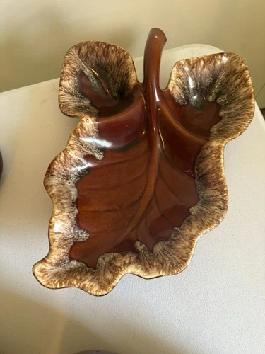 VINTAGE Hull Pottery Brown Drip Glaze Divided Leaf Serving Dish Oven Proof 14"