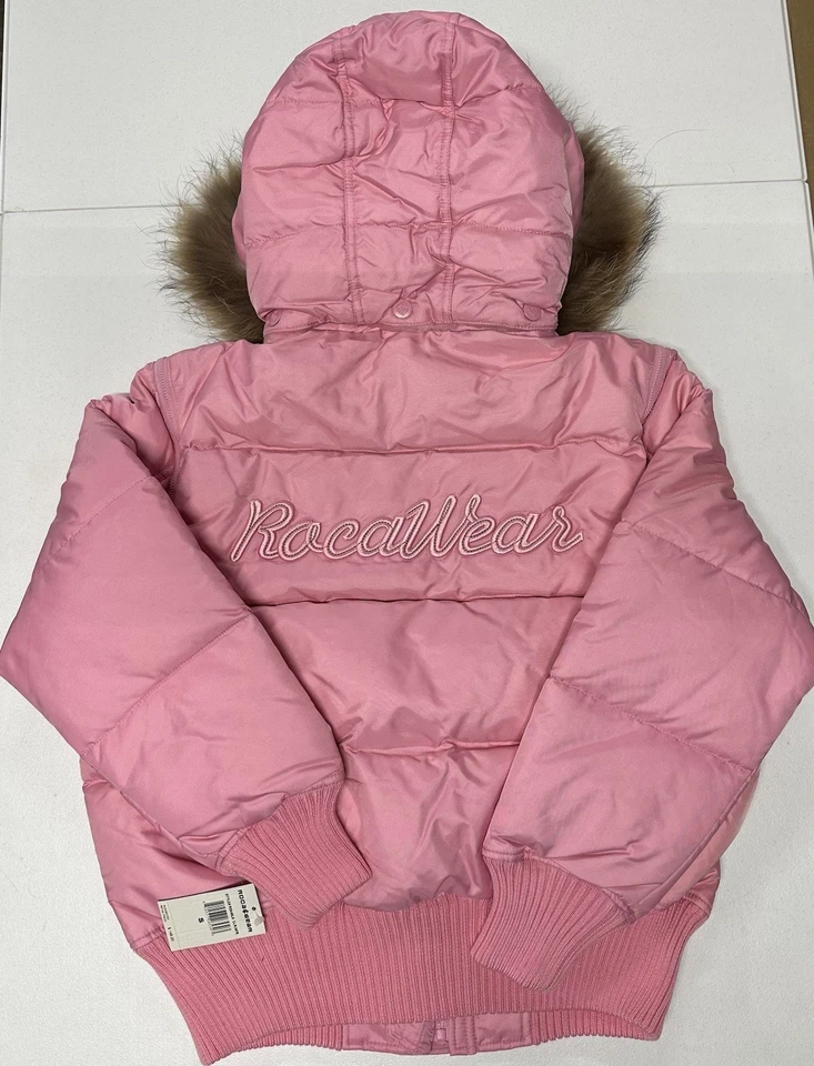 Rocawear Womens Cropped Bomber Jacket Pink Sz S Deadstock Y2K Down Fill Faux Fur - Image 2 of 4