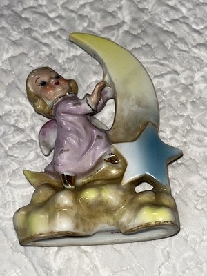 Vintage Pink Angel Girl w/Moon Star Cloud Figurine Japan HandPainted Gold Kitsch