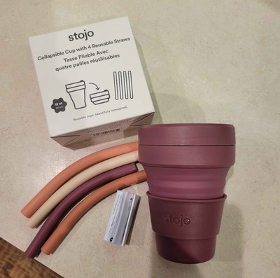 Stojo Collapsible Cup 12oz + 4 Reusable Silicone Straws | Portable Travel Mug