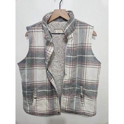 T&S Ivory Plaid Sherpa Lined Vest Grey Mauve Full Zip Snap Front FRJKX8505 Large