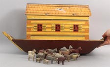 Antique Folk Art Hand-Painted Noahs Ark Toy & Original Carved Wood Animals, NR